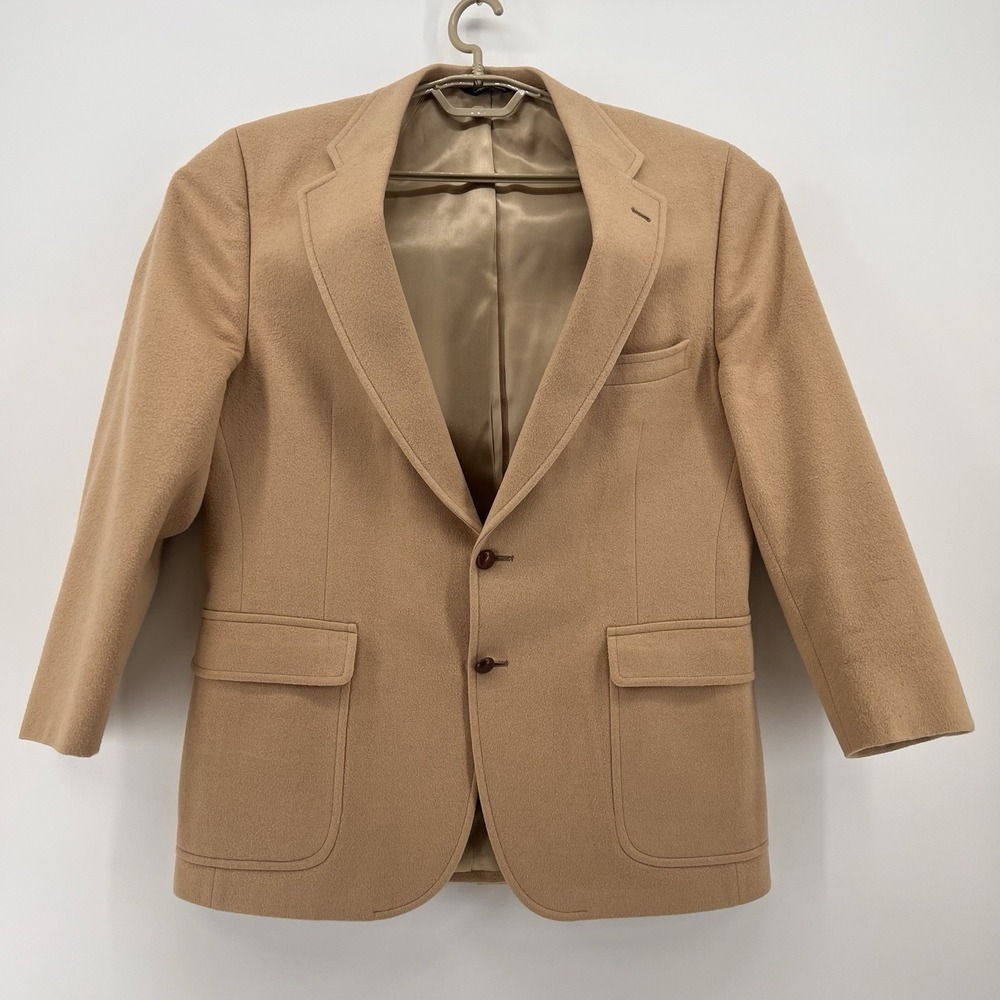 Chaps Ralph Lauren Camel Hair Blazer Jacket Pockets Leather Buttons USA